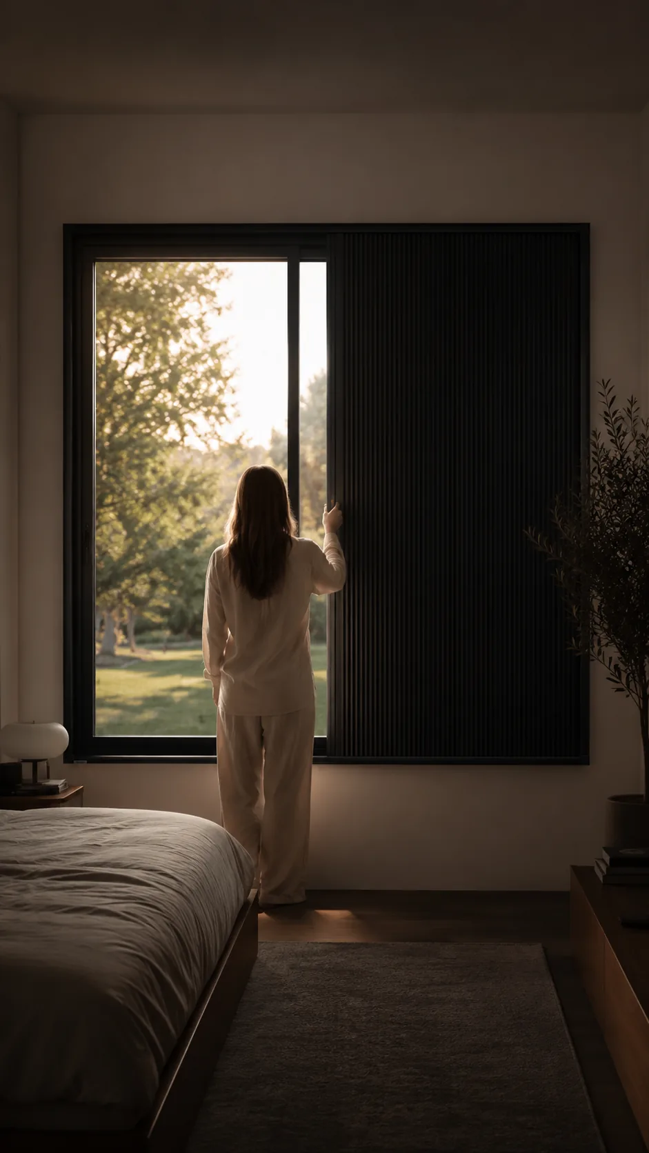 Quarto minimalista com persiana blackout sendo fechada ao entardecer